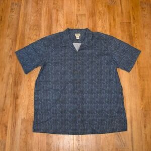 LL Bean Mens Button Down Camp Shirt XXL Tall Blue Mayan Glyph Short Sleeve